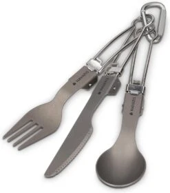 Navaris Campingbestek Van Titanium - Set Met Vork, Mes En Lepel - Inklapbaar - Bestekset Voor Onderweg - Inclusief Karabijnhaak En Bewaarzakje -Buitenkampeer Winkel 1057x1200