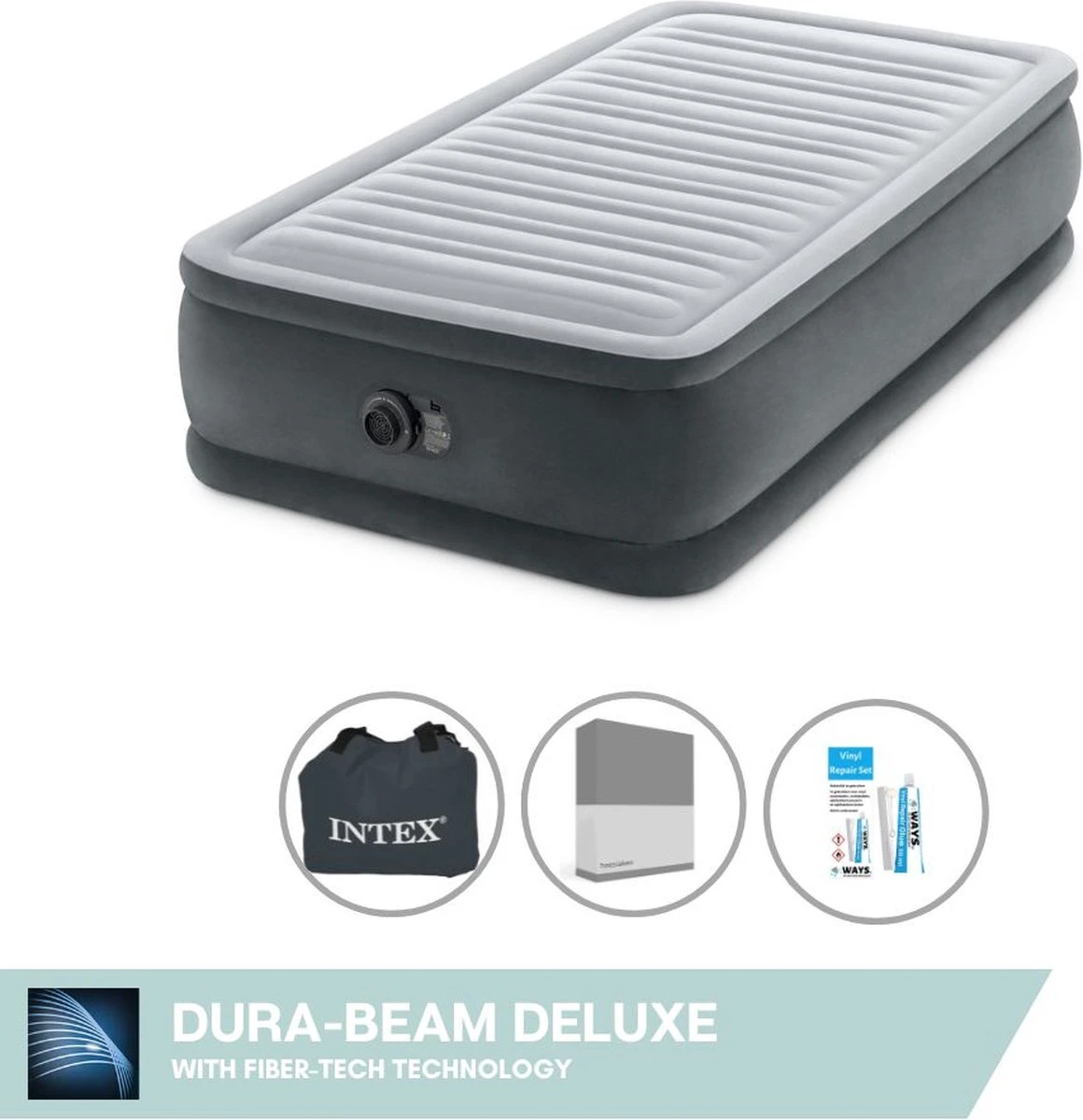 Intex Luchtbed - 1-Persoons - 99 X 191 X 46 Cm - Grijs - Met Ingebouwde Pomp, Hoeslaken Antraciet En Reparatieset 3 Intex Luchtbed - 1-Persoons - 99 X 191 X 46 Cm - Grijs - Met Ingebouwde Pomp, Hoeslaken Antraciet En Reparatieset