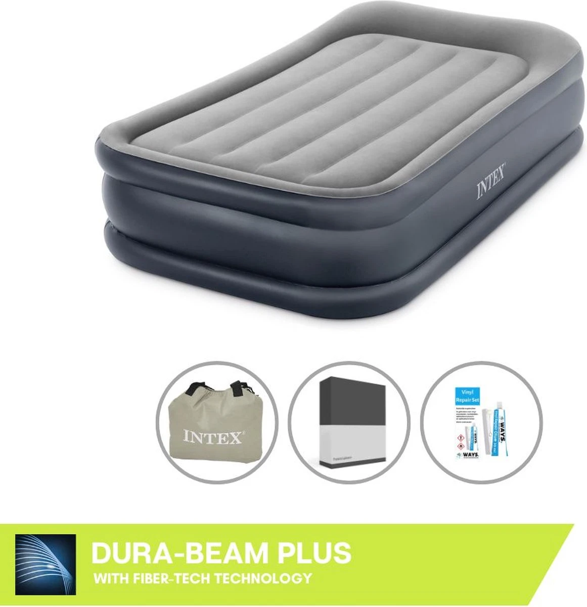 Intex Luchtbed - 1-Persoons - 99 X 191 X 42 Cm - Grijs - Met Pomp, Hoeslaken Zwart En Reparatieset 3 Intex Luchtbed - 1-Persoons - 99 X 191 X 42 Cm - Grijs - Met Pomp, Hoeslaken Zwart En Reparatieset
