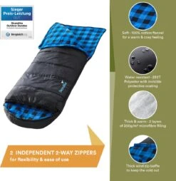 Skandika Dundee Flannel-L Slaapzak – Mummmieslaapzakken – Slaapzakken Volwassen - Maat M – Unisex - Katoen, Luxe Kwaliteit, Dubbele Slaapzak, 3 Seizoenen, Tot -20°C - 220 X 80 Cm - Outdoor Kampeerslaapzak – Ritssluiting Links - Zwart/blauw -Buitenkampeer Winkel 1168x1200 2