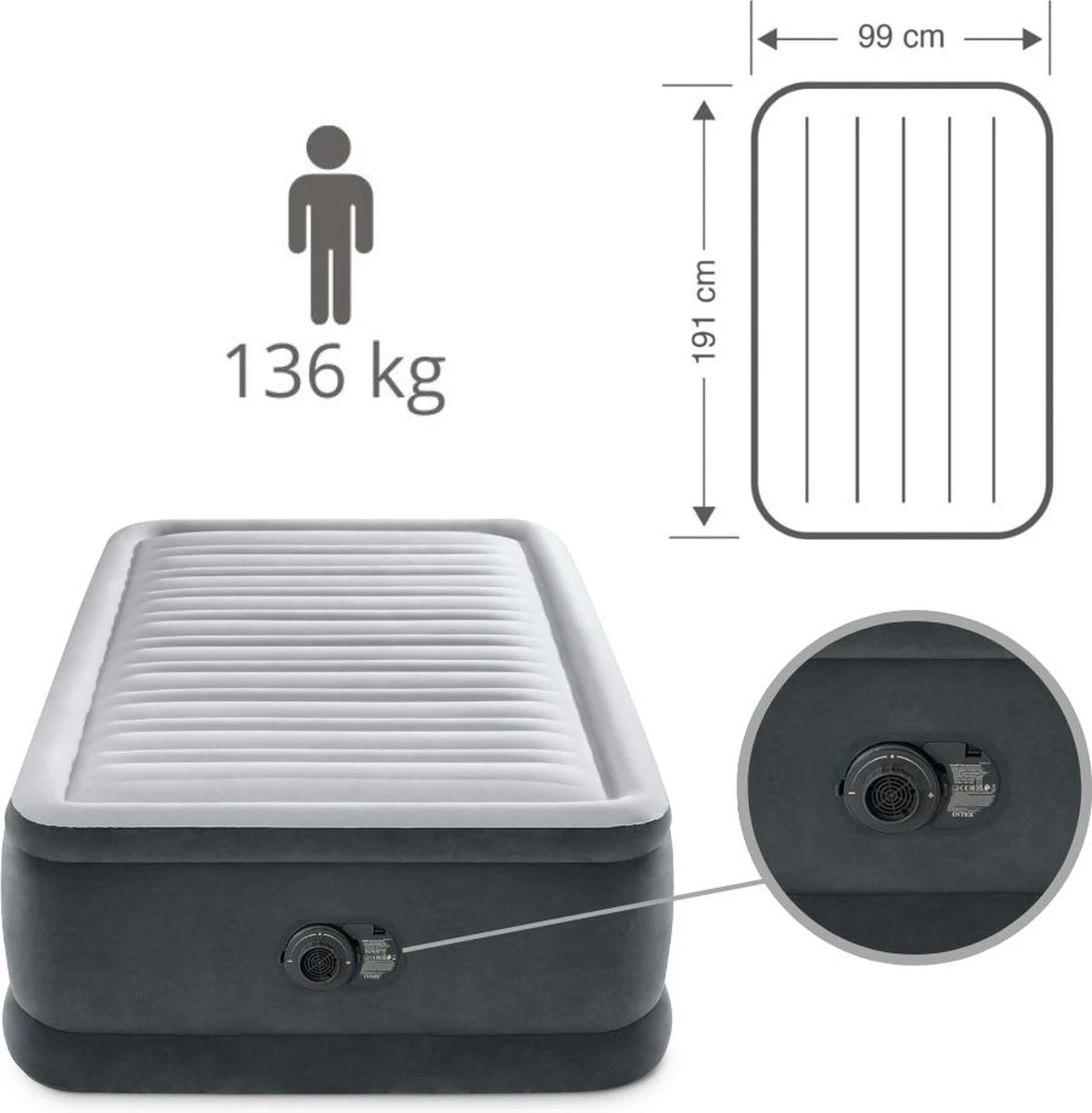 Intex Luchtbed - 1-Persoons - 99 X 191 X 46 Cm - Grijs - Met Ingebouwde Pomp, Hoeslaken Antraciet En Reparatieset 11 Intex Luchtbed - 1-Persoons - 99 X 191 X 46 Cm - Grijs - Met Ingebouwde Pomp, Hoeslaken Antraciet En Reparatieset - Afbeelding 9