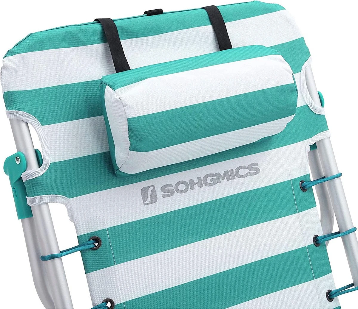 Strandstoel Met Afneembare Hoofdsteun, Draagbare Klapstoel, Campingstoel, Rugleuning Tot 180° Verstelbaar, Met Bekerhouder En Zijvak, Groene En Witte Strepen GCB62JW 8 Strandstoel Met Afneembare Hoofdsteun, Draagbare Klapstoel, Campingstoel, Rugleuning Tot 180° Verstelbaar, Met Bekerhouder En Zijvak, Groene En Witte Strepen GCB62JW - Afbeelding 6