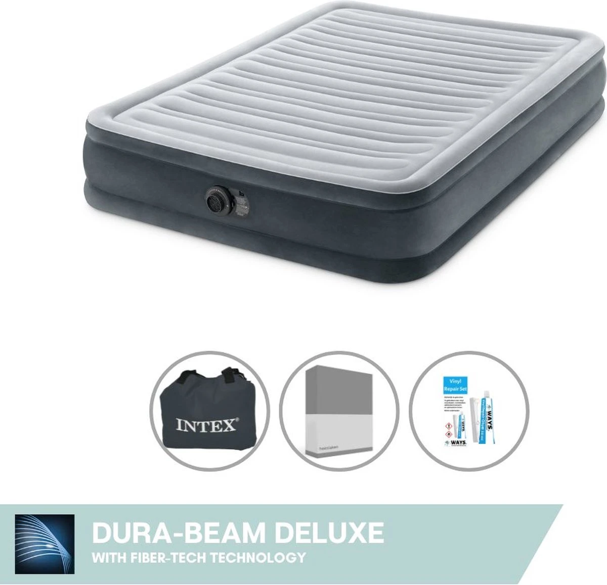 Intex Luchtbed - Twijfelaar - 137 X 191 X 33 Cm - Grijs - Met Ingebouwde Pomp, Hoeslaken Antraciet En Reparatieset 3 Intex Luchtbed - Twijfelaar - 137 X 191 X 33 Cm - Grijs - Met Ingebouwde Pomp, Hoeslaken Antraciet En Reparatieset