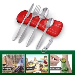 Roestvrij Staal Bestek (kampeerset) – Draagbare Reislepels, -vork En -mes Voor Festivals, Camping Of Trektochten - Wordt Geleverd Met Een Neopreen Draagtasje Met Een Lichtgewicht Flesopener -Buitenkampeer Winkel 1200x1200 1149