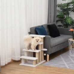 PawHut Huisdierentrap Met Krabpaal Bal 4 Treden Kattentrap Dierentrap Pluche Jute D06-093 -Buitenkampeer Winkel 1200x1200 1250