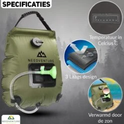 Needventure Solar Douche - Camping Douchezak - Buiten Douche - Tuindouche - Inclusief Thermometer - Waterzak Met Douchekop - 20L - Groen -Buitenkampeer Winkel 1200x1200 1355