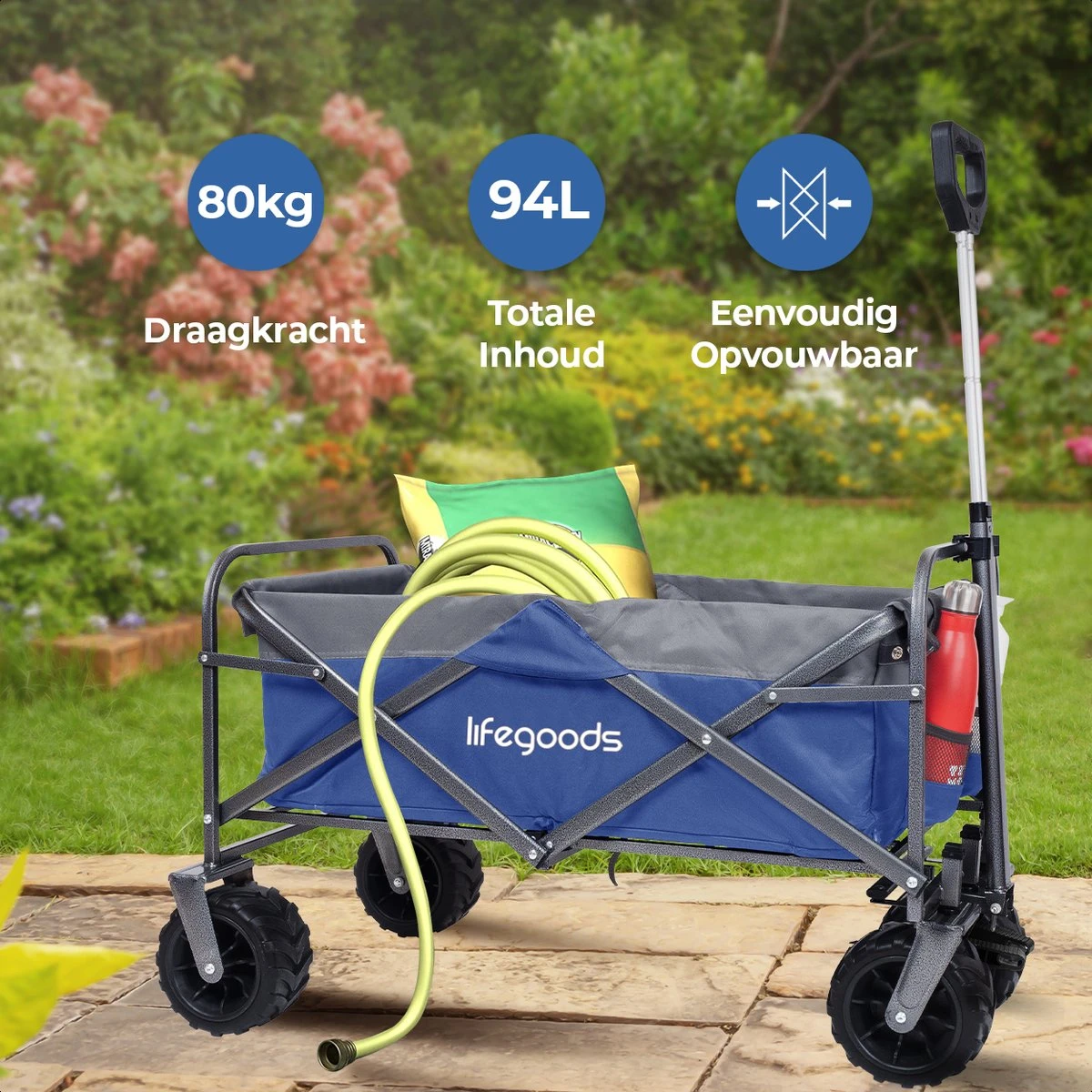 LifeGoods Bolderkar - Opvouwbaar - Tot 80KG - 94L - Wasbaar Polyester - 98x45cm - Blauw/Grijs 4 LifeGoods Bolderkar - Opvouwbaar - Tot 80KG - 94L - Wasbaar Polyester - 98x45cm - Blauw/Grijs - Afbeelding 2