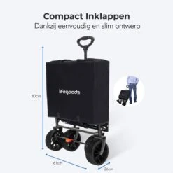 LifeGoods Bolderkar - Opvouwbaar - Tot 120KG - 103L - Extra Draagtas En Duwstang - Wasbaar Polyester - 98x45cm - Zwart/Grijs -Buitenkampeer Winkel 1200x1200 878